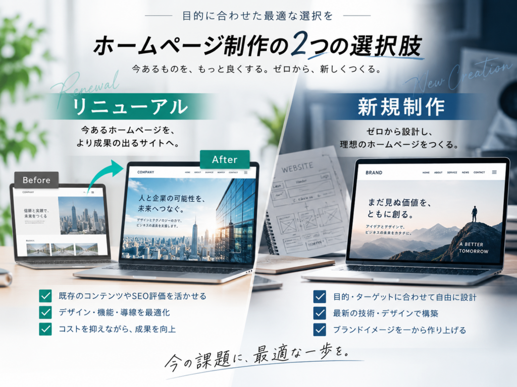 ホームページのリニューアルと新規制作の違いを比較したイメージ