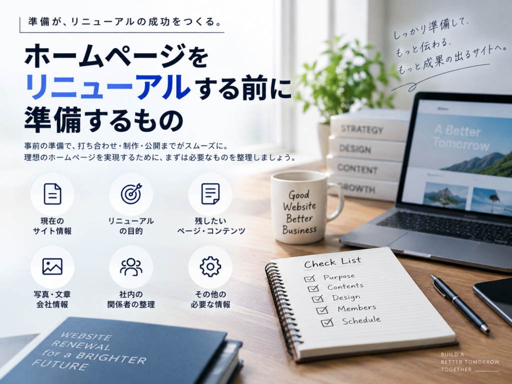 ホームページをリニューアルする前に準備するもの|目的・サイト情報・コンテンツの確認ポイント