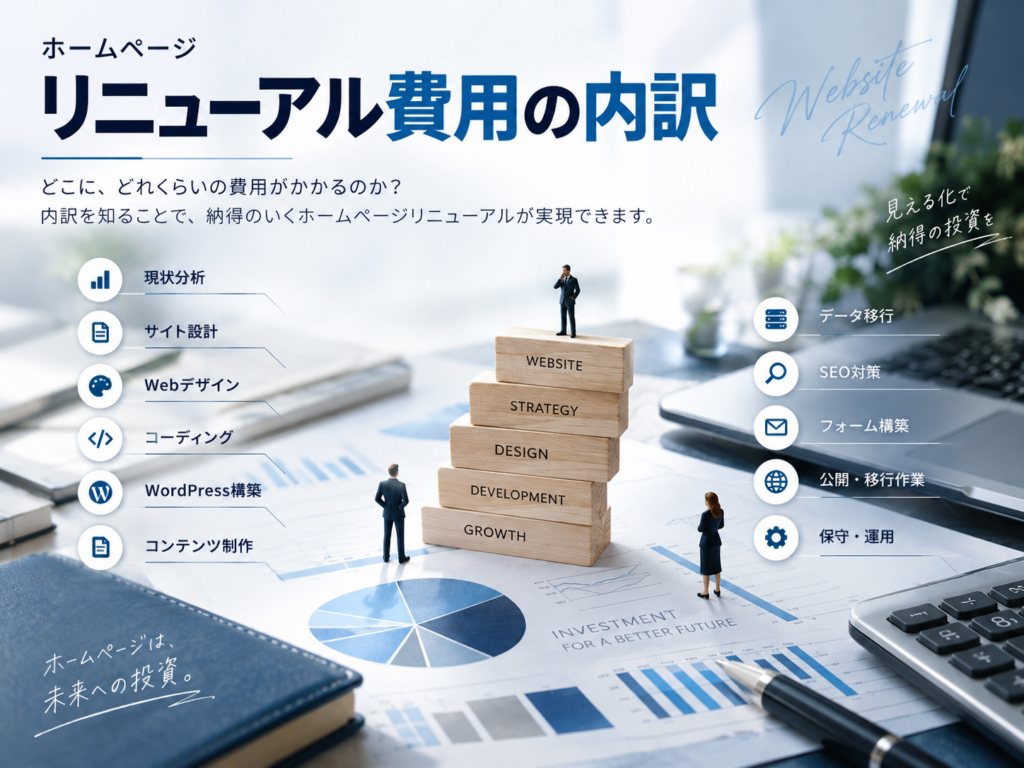 ホームページリニューアル費用の内訳|サイト設計・Webデザイン・コーディング・SEO対策など