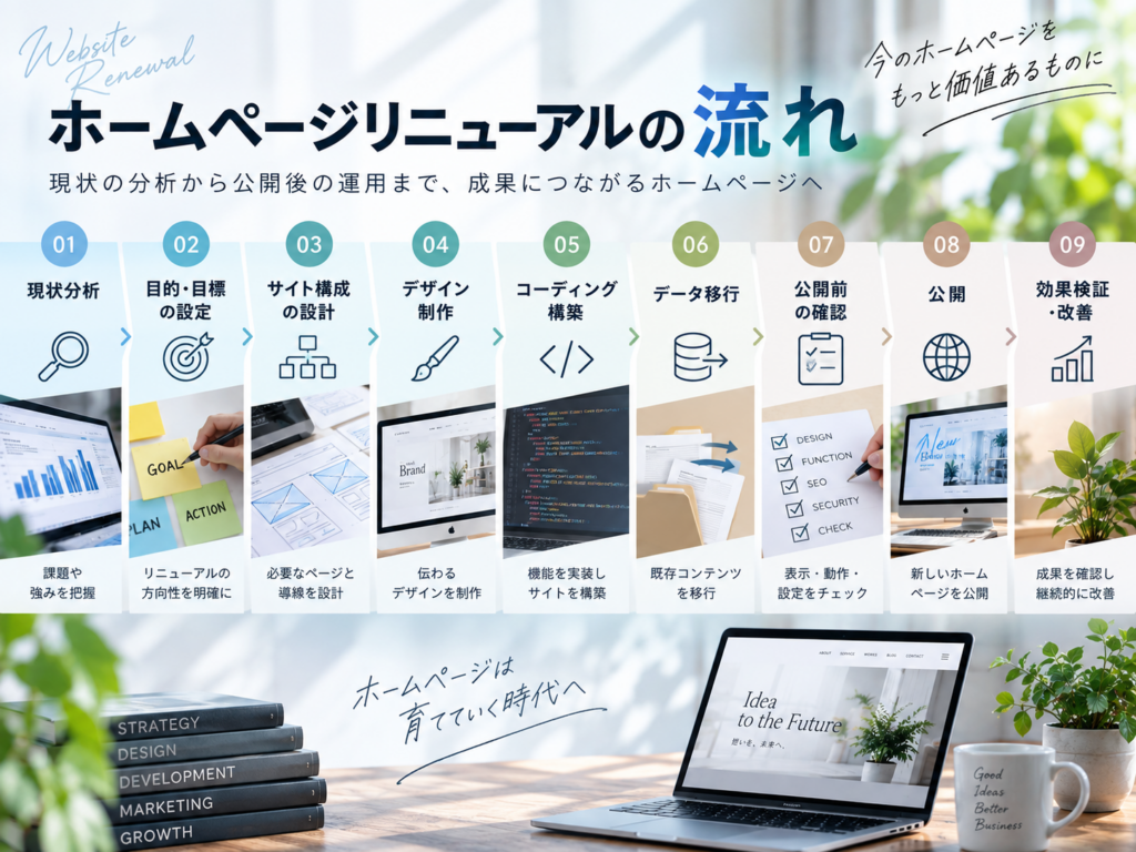 ホームページリニューアルの流れ|現状分析から設計・制作・公開・改善までの9ステップ