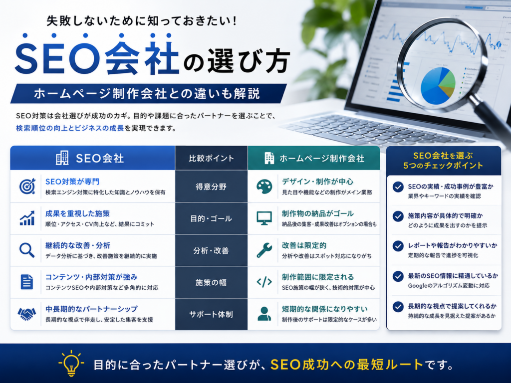 SEO会社の選び方を解説した図解｜ホームページ制作会社との違いやSEO会社を選ぶポイント、実績・サポート体制・改善提案など比較のポイントを紹介
