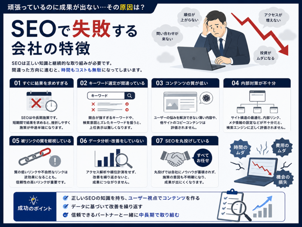SEOで失敗する会社の特徴を解説した図解｜間違ったSEO対策や制作会社選びによる失敗例と、成果につながるホームページ制作・SEO改善のポイントを紹介