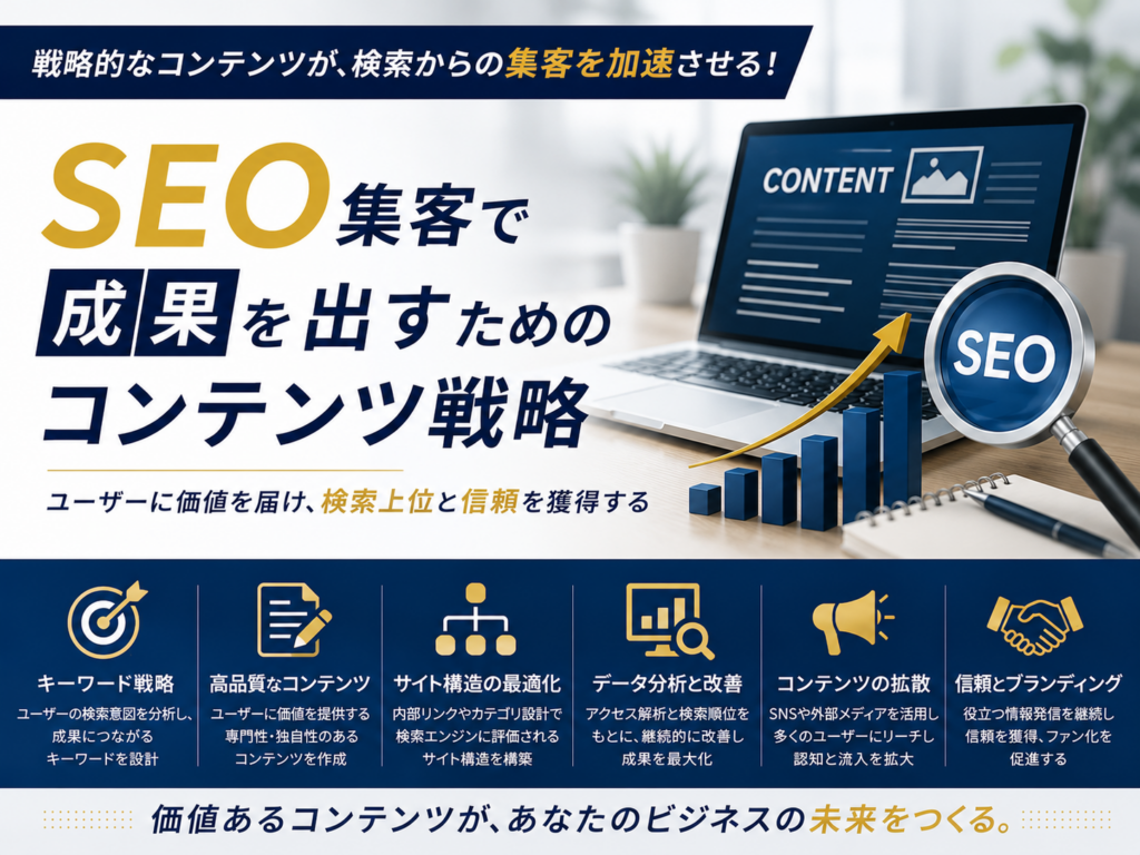 SEO集客で成果を出すためのコンテンツ戦略や検索順位向上につながる施策を紹介