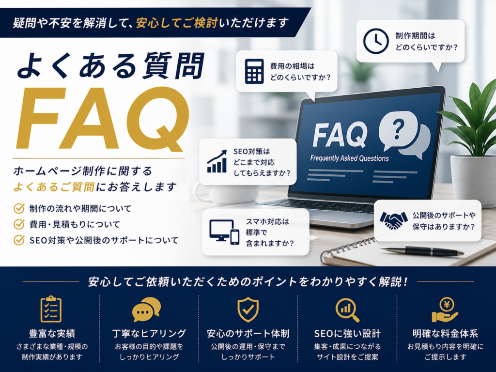 ホームページ制作とSEO対策に関する費用や制作期間などよくある質問を紹介するFAQ