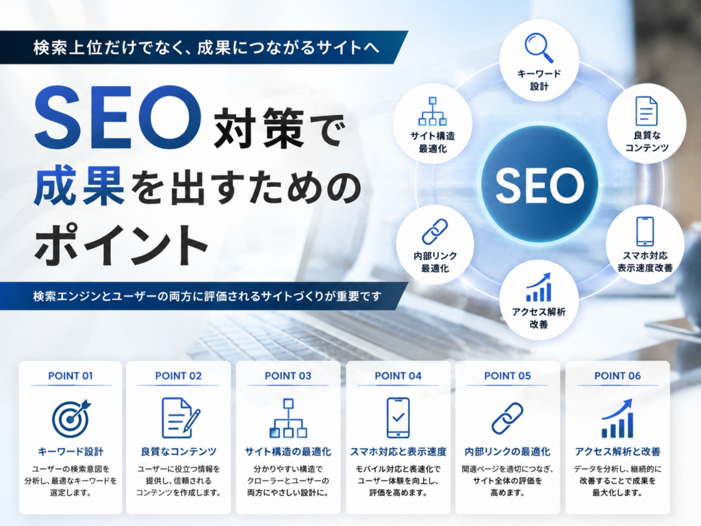 SEO対策で成果を出すためのポイントを解説した図解｜キーワード設計・良質なコンテンツ・内部リンク・表示速度改善・アクセス解析など成功につながるSEO施策