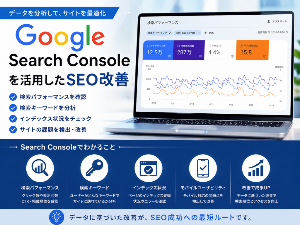 Google Search Consoleを活用したSEO改善方法を解説した図解｜検索パフォーマンス・検索キーワード・インデックス状況・掲載順位を分析してホームページのSEOを改善