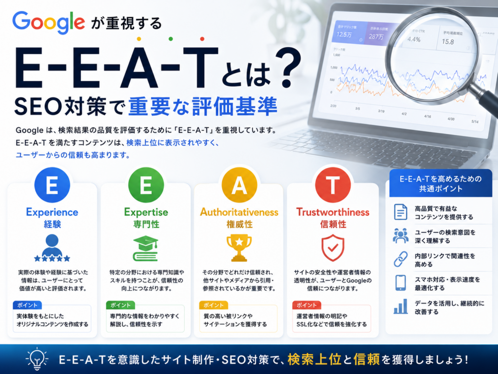 Googleが重視するE-E-A-T（経験・専門性・権威性・信頼性）を解説した図解｜SEO対策で重要な評価基準や検索順位向上につながるポイントを紹介