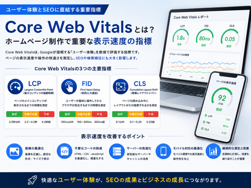 Core Web Vitals（LCP・INP・CLS）を解説した図解｜ホームページ制作で重要な表示速度やユーザー体験を改善し、SEO評価向上につなげるポイントを紹介