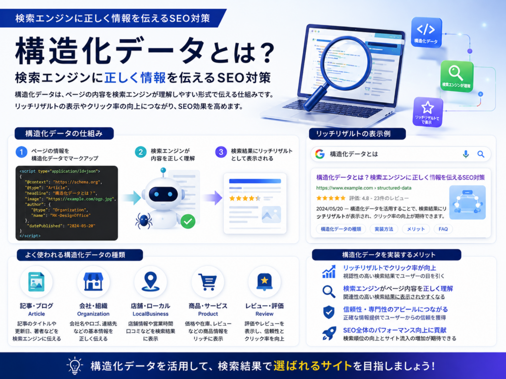 構造化データとは？検索エンジンに正しく情報を伝えるSEO対策を解説した図解｜リッチリザルト・Article・FAQ・Organization・LocalBusinessなど構造化データの仕組みとメリットを紹介
