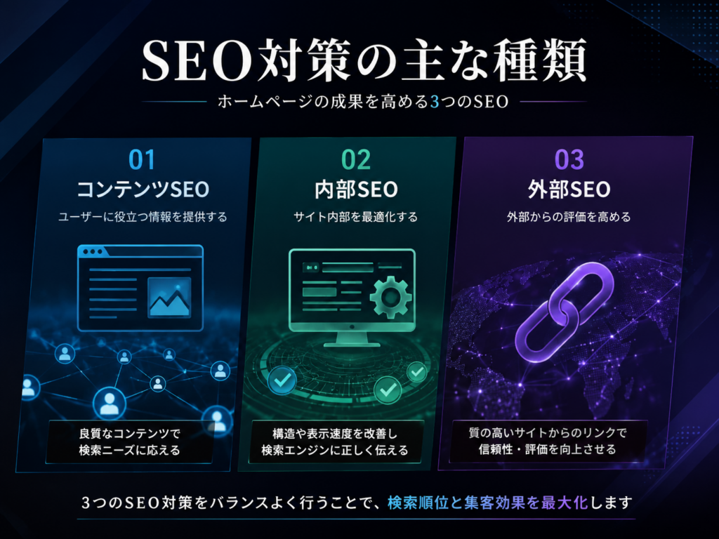 SEO対策の主な種類|コンテンツSEO・内部SEO・外部SEOの3つを解説