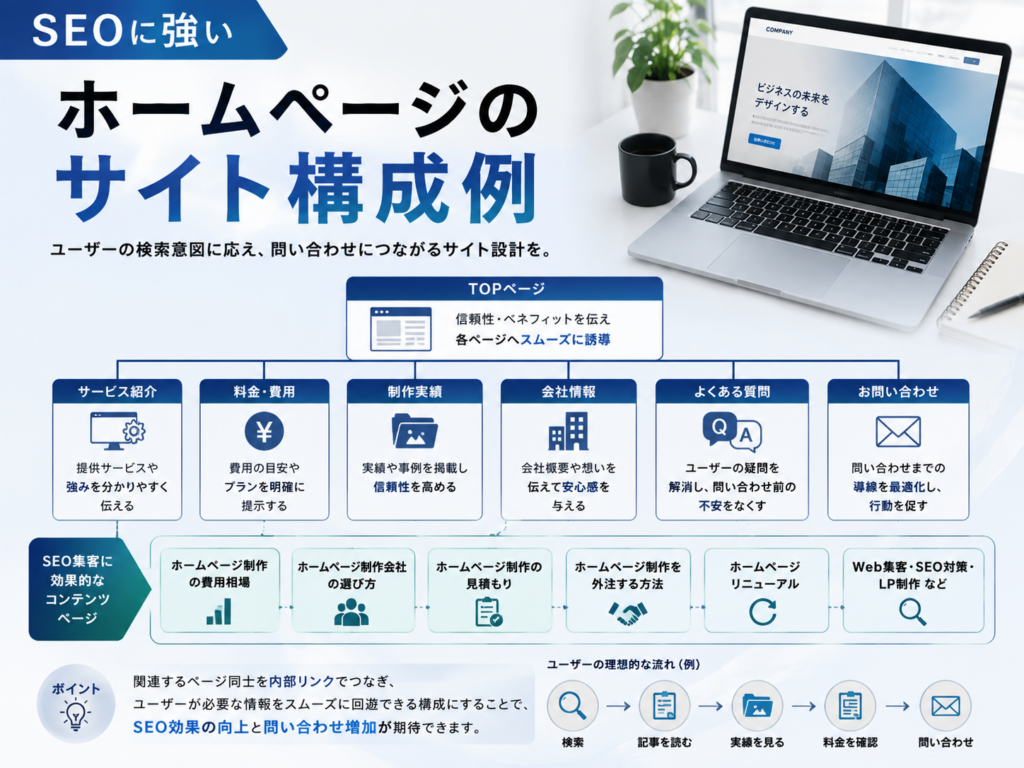 SEOに強いホームページのサイト構成例|サービス・料金・制作実績・SEO集客ページの設計