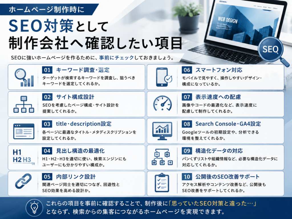 ホームページ制作時のSEO対策で制作会社へ確認したい10項目