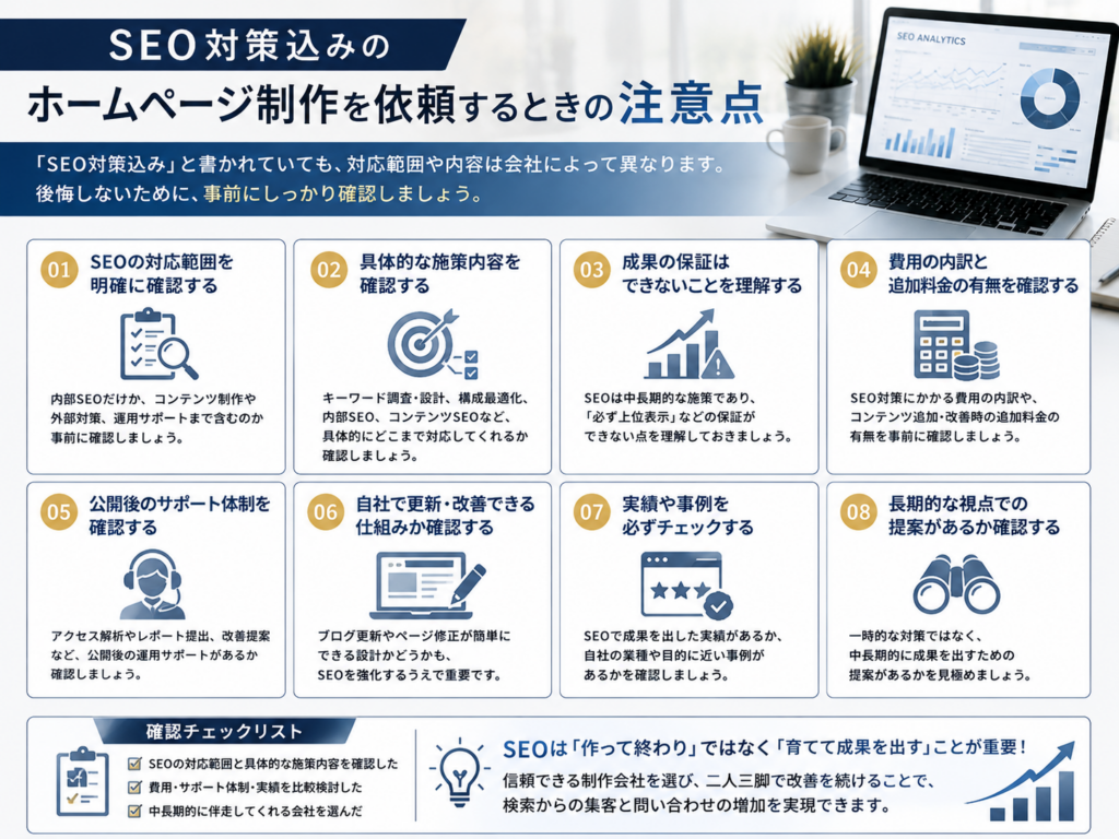 SEO対策込みのホームページ制作を依頼するときに確認したい注意点