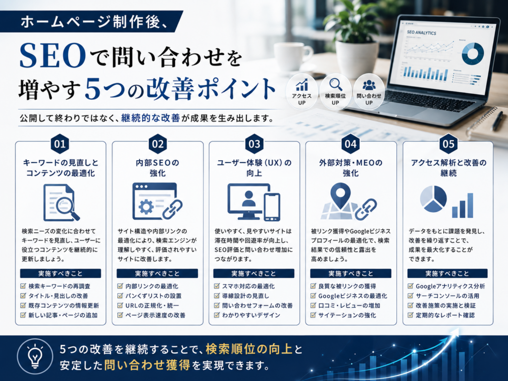 ホームページ制作後にSEOで問い合わせを増やす5つの改善ポイント