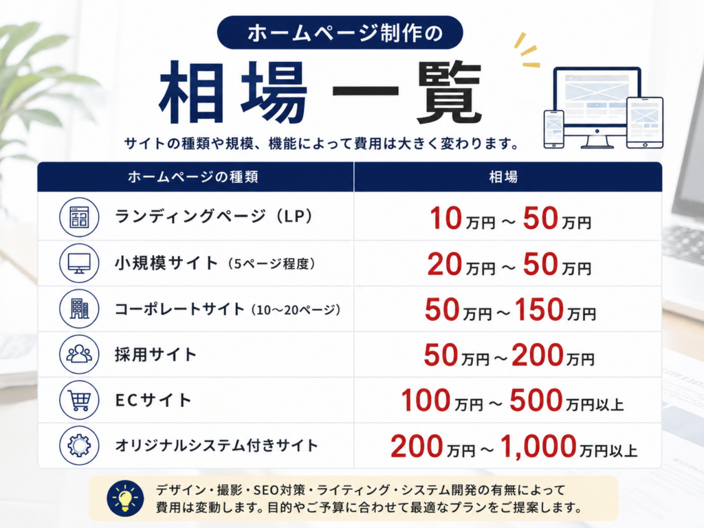 ホームページ制作の相場一覧
