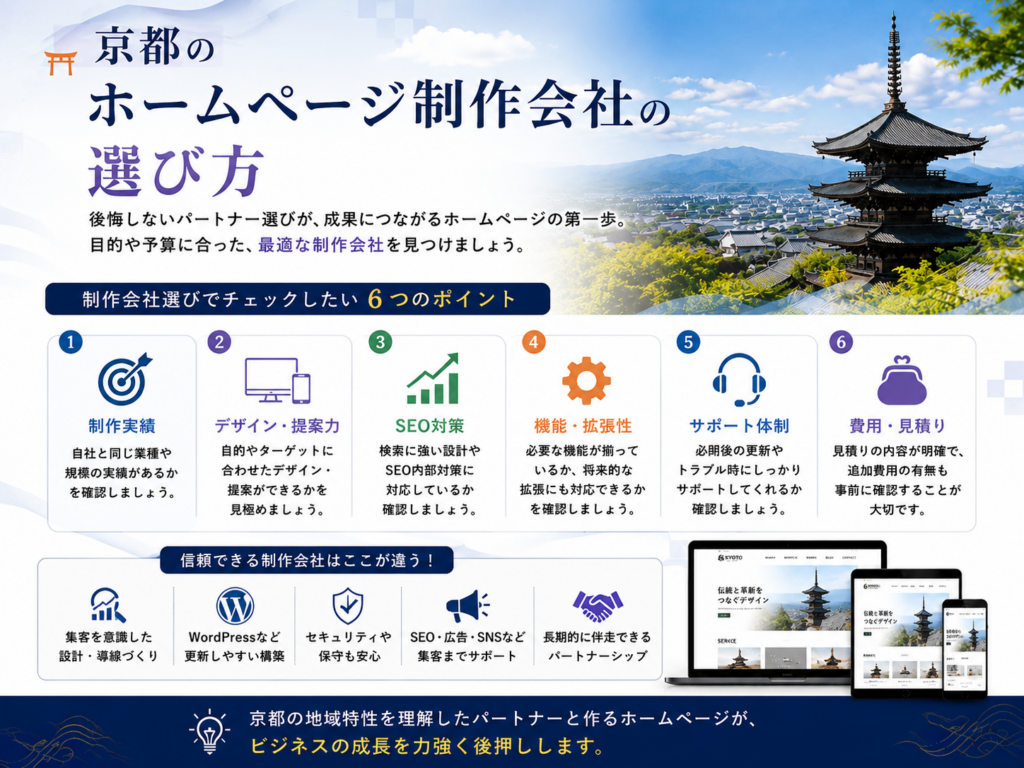 京都のホームページ制作会社の選び方を解説したイメージ画像。制作実績・SEO対策・サポート体制・費用の比較ポイントを紹介。