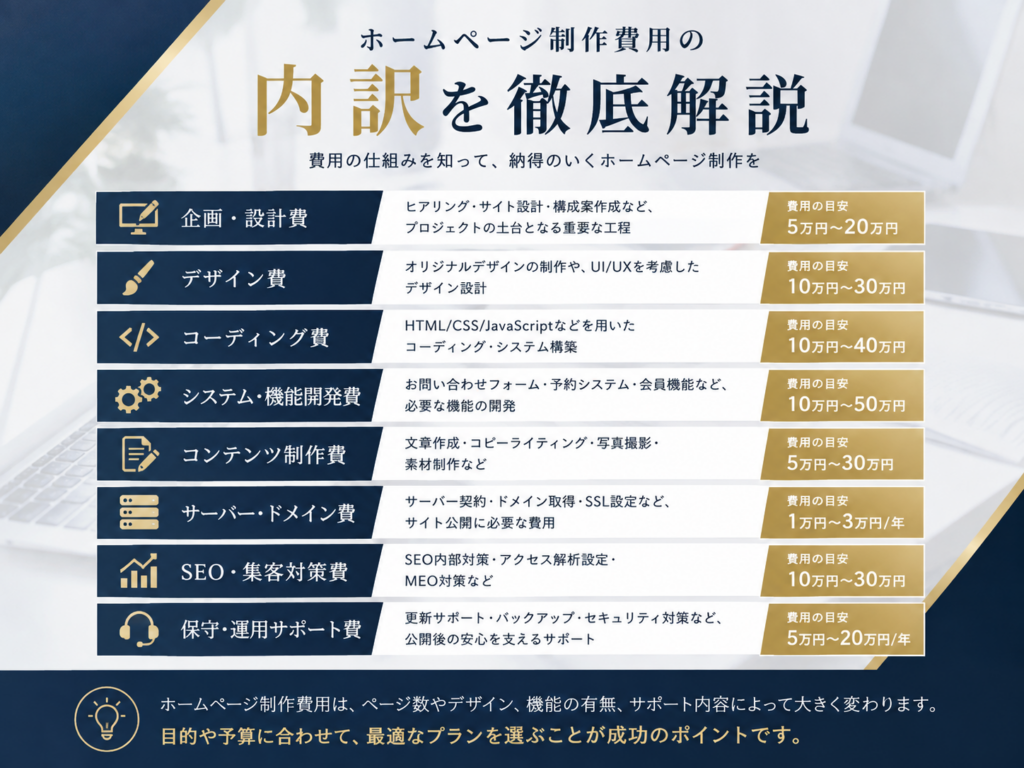京都のホームページ制作費用の内訳を解説した図｜企画・設計・デザイン・WordPress・SEO対策など制作費の構成を紹介