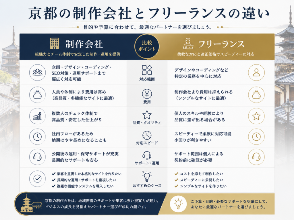 京都のホームページ制作会社とフリーランスの違いを比較｜費用・対応範囲・サポート体制を分かりやすく解説
