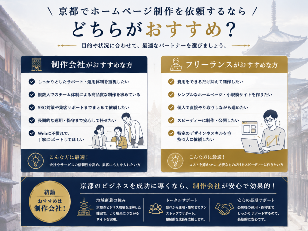 京都でホームページ制作を依頼するならどちらがおすすめ？制作会社とフリーランスの違いを比較京都でホームページ制作を依頼するならどちらがおすすめ？制作会社とフリーランスの違いを比較して選び方を解説して選び方を解説