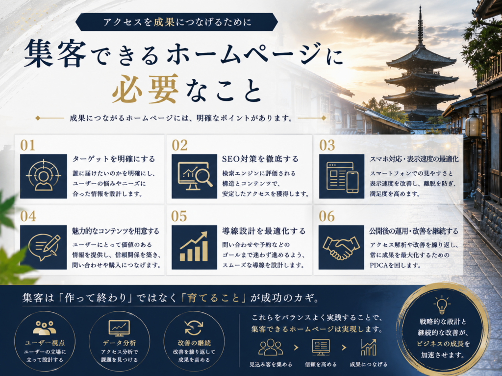 集客できるホームページに必要なこと｜SEO対策・導線設計・コンテンツ制作・運用改善のポイントを解説