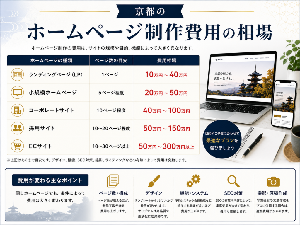 京都のホームページ制作費用の相場を種類別に比較した料金表と費用の目安を解説