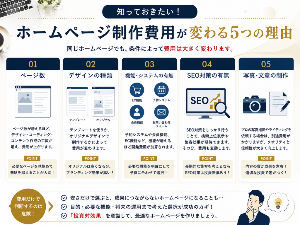 ホームページ制作費用が変わる5つの理由をわかりやすく解説