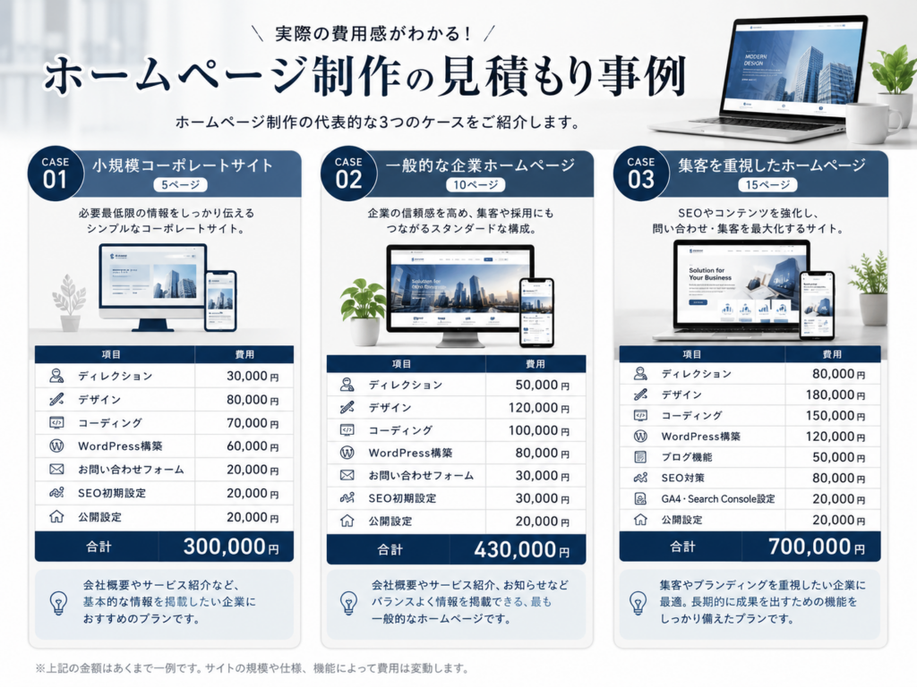ホームページ制作の見積もり事例｜制作費用の内訳とページ数別の見積もり相場を紹介