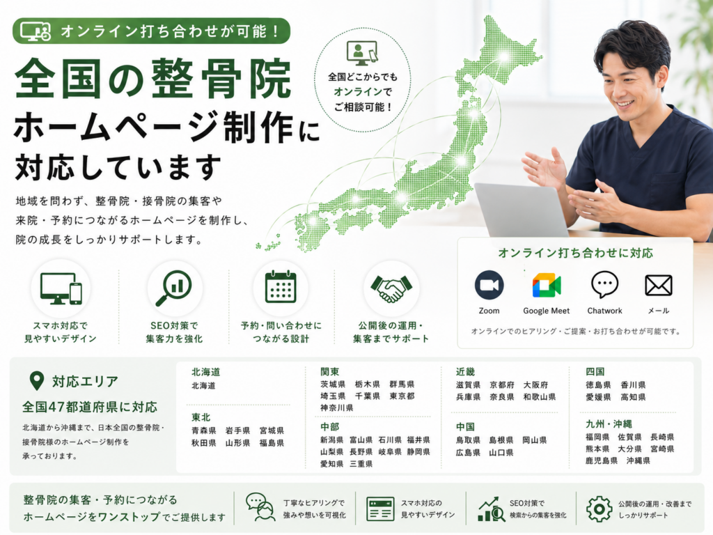 整骨院ホームページ制作を全国対応|オンライン打ち合わせ可能・SEO対策・WordPress対応