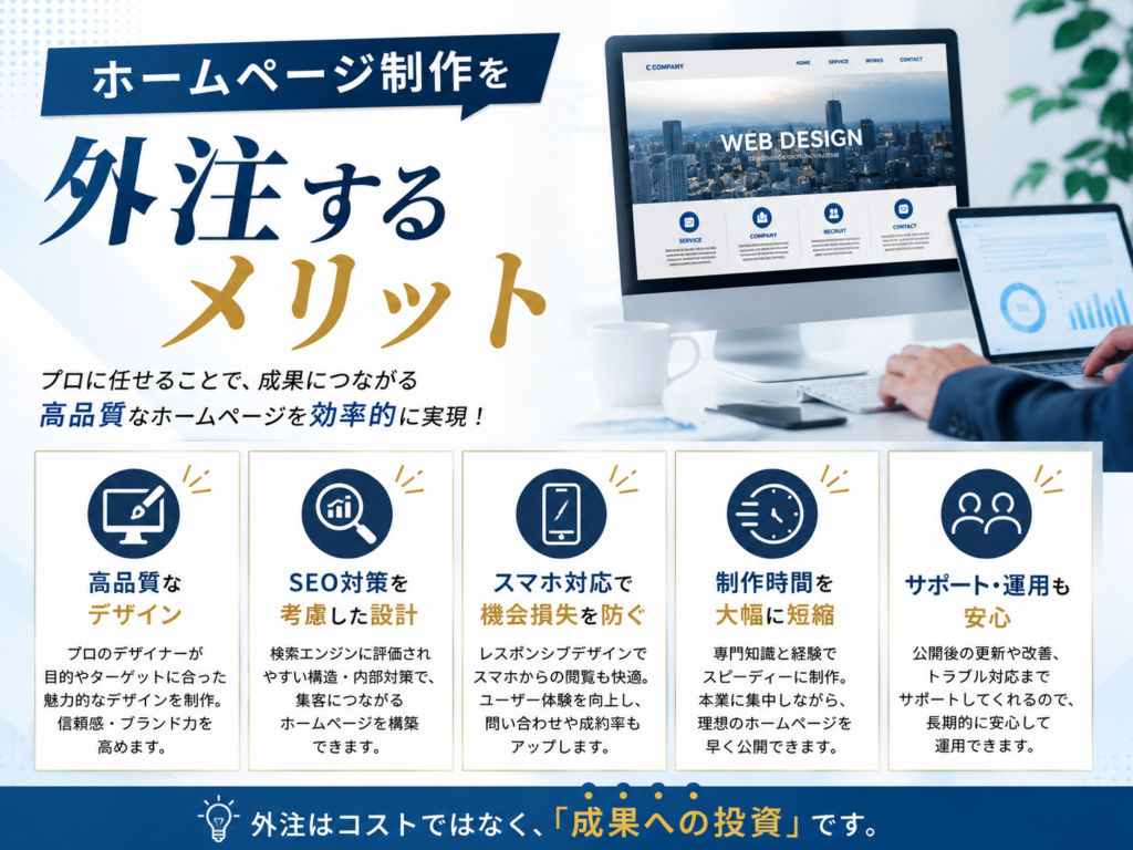 ホームページ制作を外注するメリットや高品質なデザイン、SEO対策、制作時間の短縮について解説