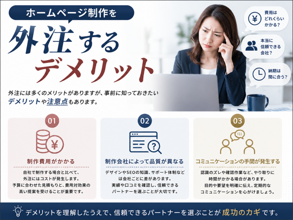 ホームページ制作を外注するデメリットや費用、制作会社による品質の違い、依頼時の注意点を解説