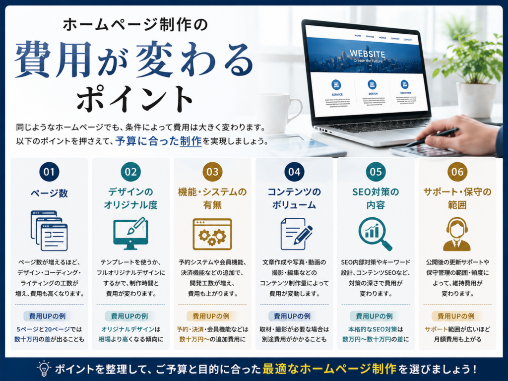 ホームページ制作を外注する際に費用が変わるポイントを解説した画像|ページ数・デザイン・機能・SEO対策・保守内容の違い