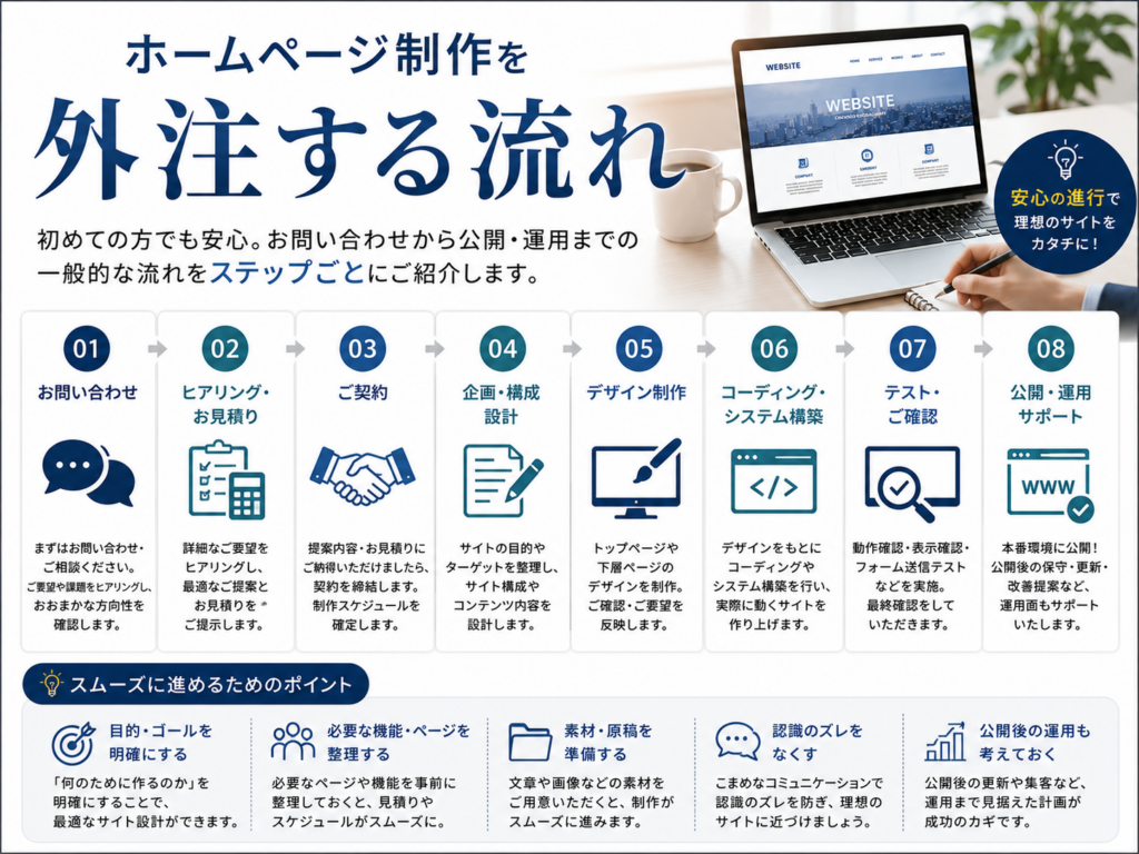 ホームページ制作を外注する際の流れ|お問い合わせ・見積もり・制作・公開・運用までの手順を解説