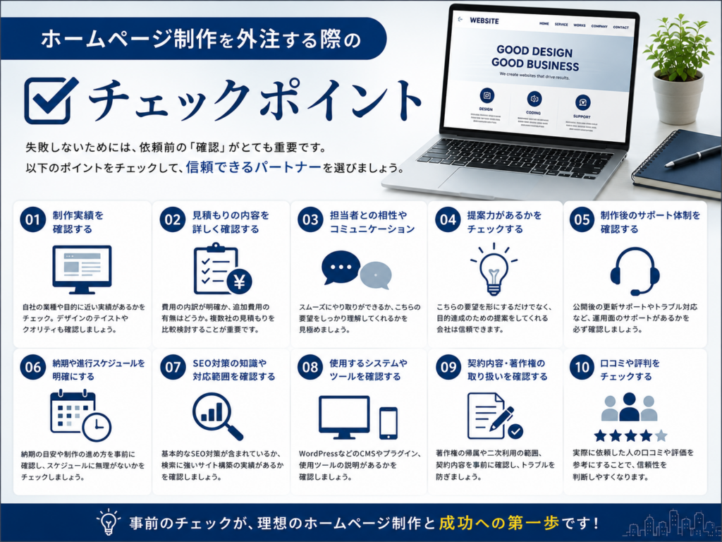 ホームページ制作を外注する際に確認すべきチェックポイントを紹介|制作会社の選び方や見積もり、実績、SEO対策を解説