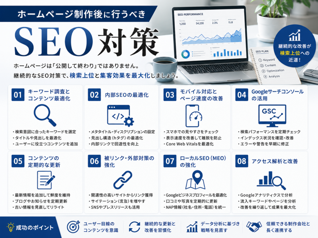 ホームページ制作後に行うべきSEO対策|検索順位を上げるための内部対策・コンテンツSEO・Googleサーチコンソール活用
