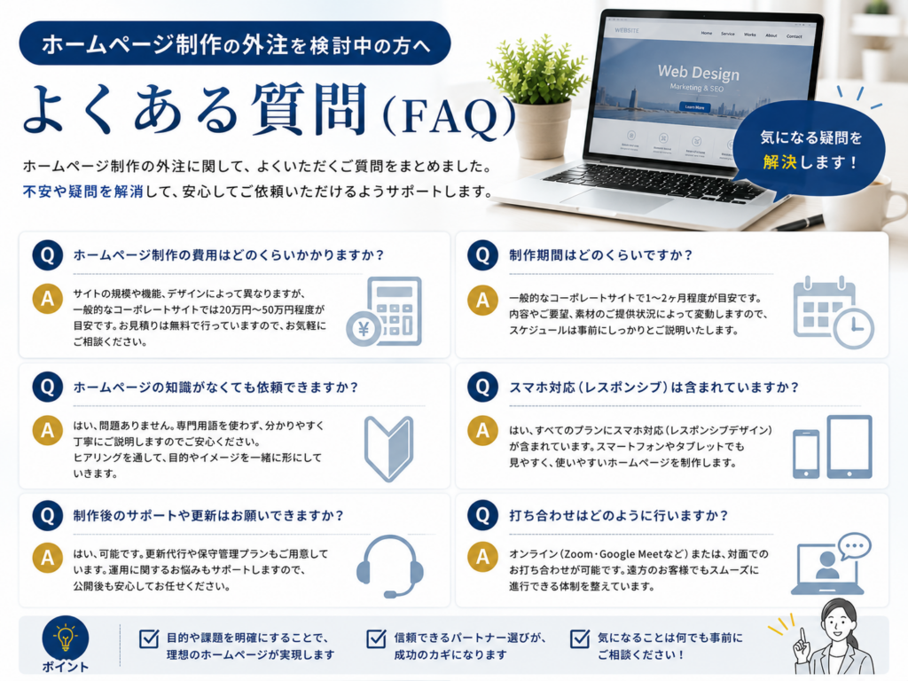 ホームページ制作を外注する際によくある質問(FAQ)を紹介|費用・制作期間・スマホ対応・保守サポートなどの疑問を解決
