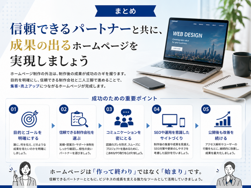 ホームページ制作を外注する際のまとめを解説|費用相場・依頼先の選び方・SEO対策・公開後の運用まで紹介