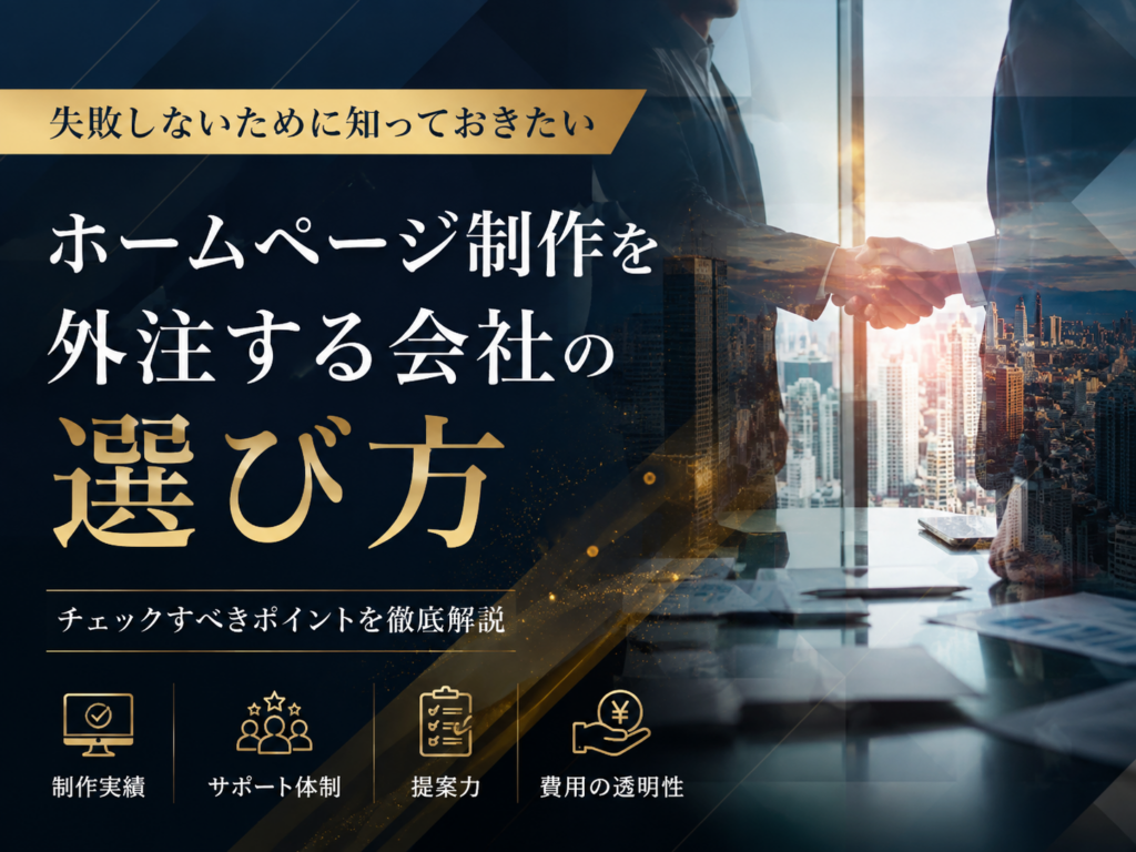 ホームページ制作を外注する会社の選び方を解説したイメージ画像|制作実績・サポート体制・提案力・費用の透明性を比較