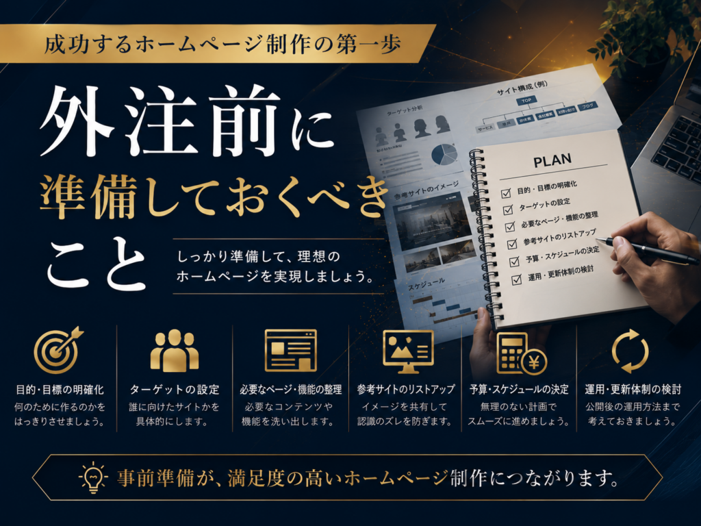 ホームページ制作を外注する前に準備しておくべきことを解説|目的・ターゲット・予算・必要なページを事前に整理