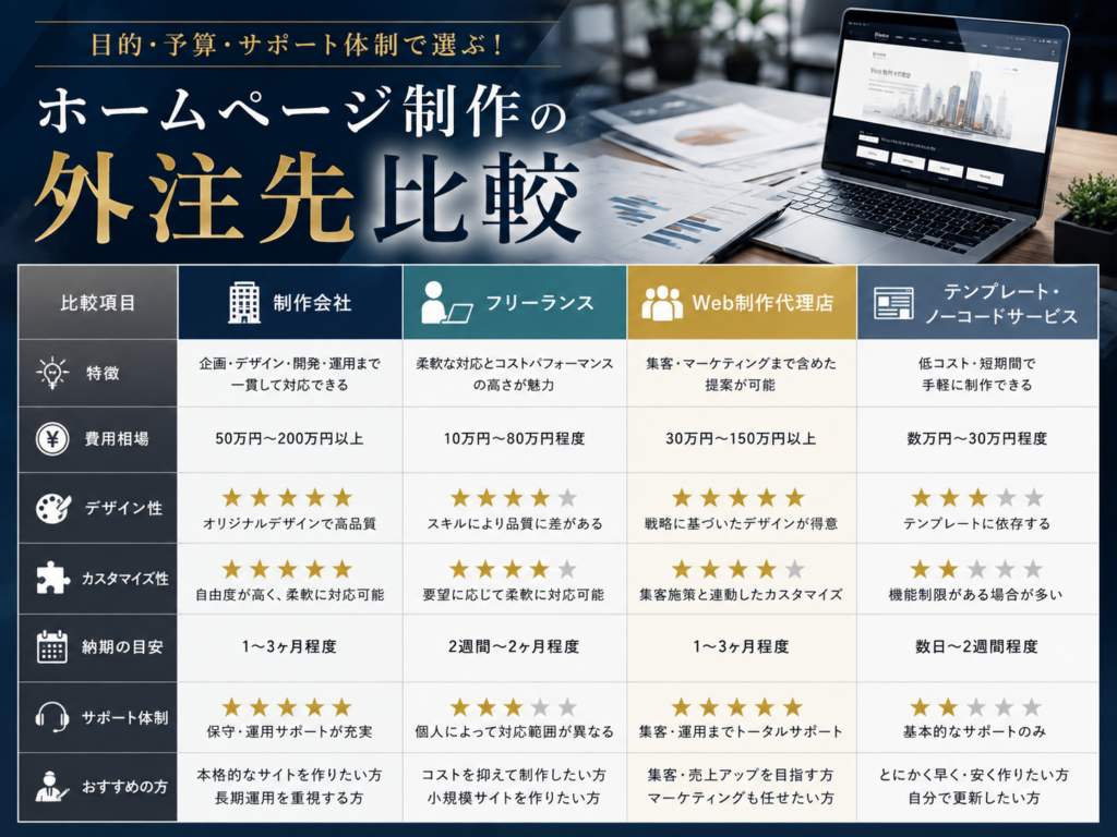 ホームページ制作の外注先比較を解説し|制作会社・フリーランス・Web制作会社・ノーコードサービスの違いを比較