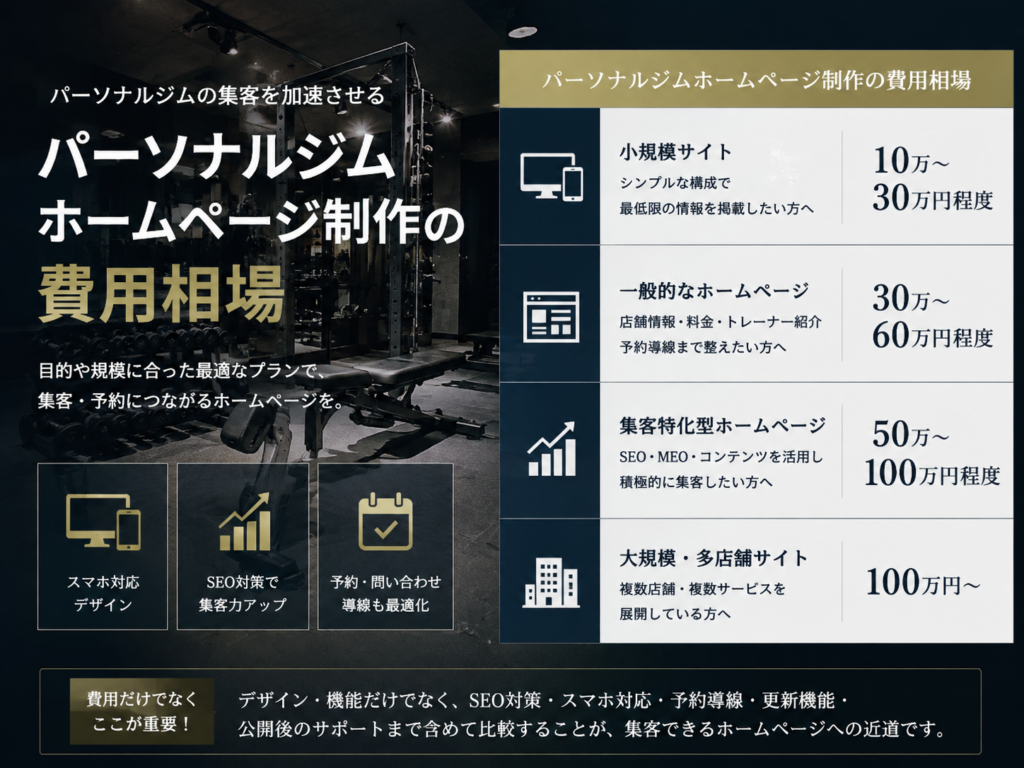 パーソナルジムホームページ制作の費用相場と料金別の制作内容を紹介する比較図