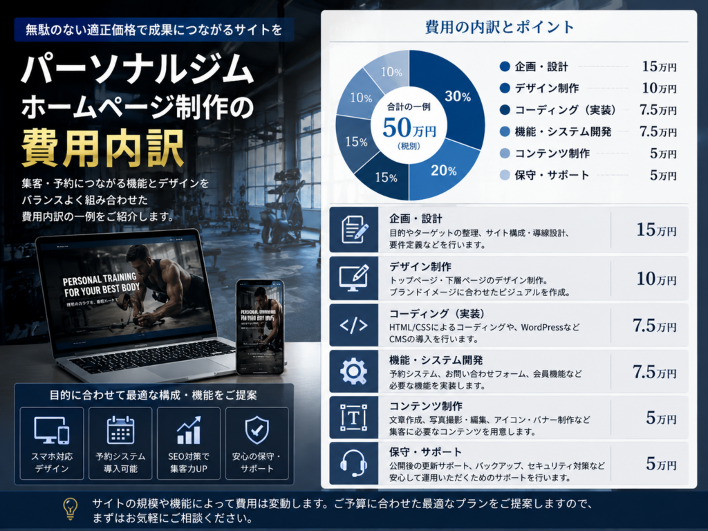 パーソナルジムホームページ制作の費用内訳と企画・デザイン・コーディング・機能・保守の料金例