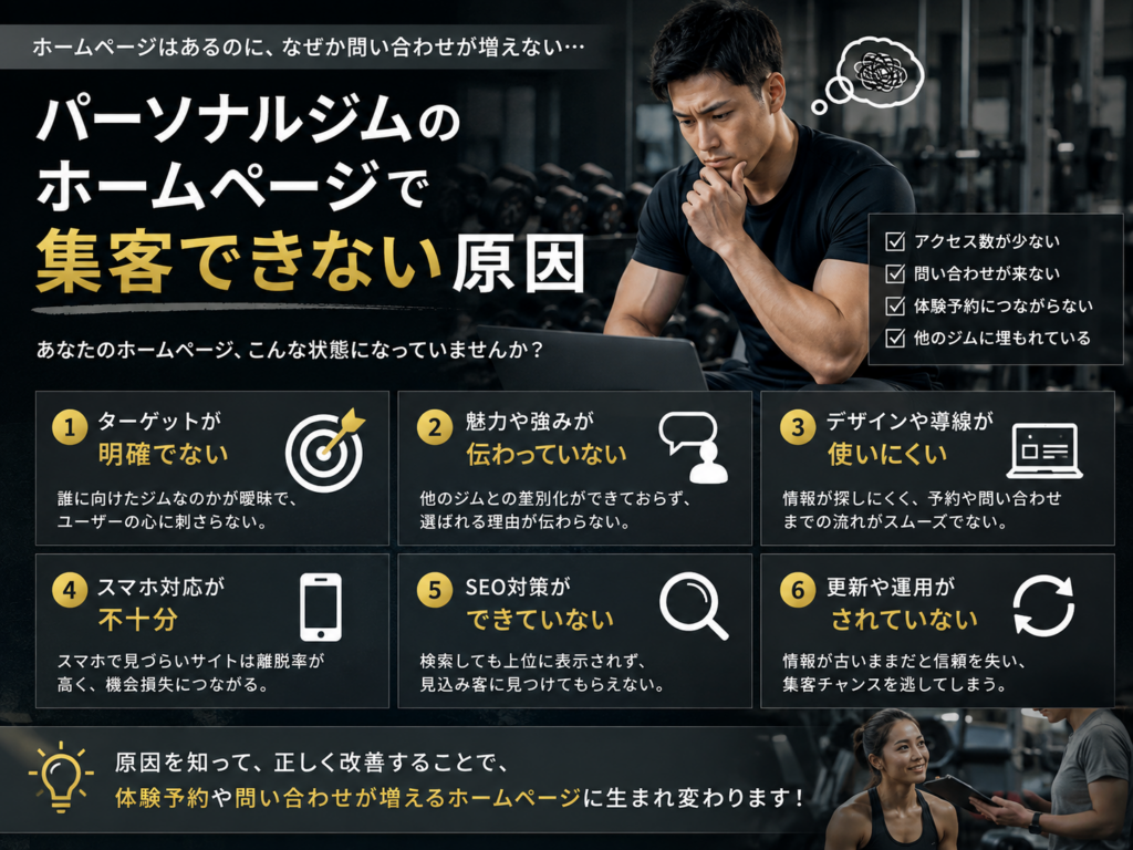 パーソナルジムのホームページで集客できない原因とSEO・導線・スマホ対応などの改善ポイント