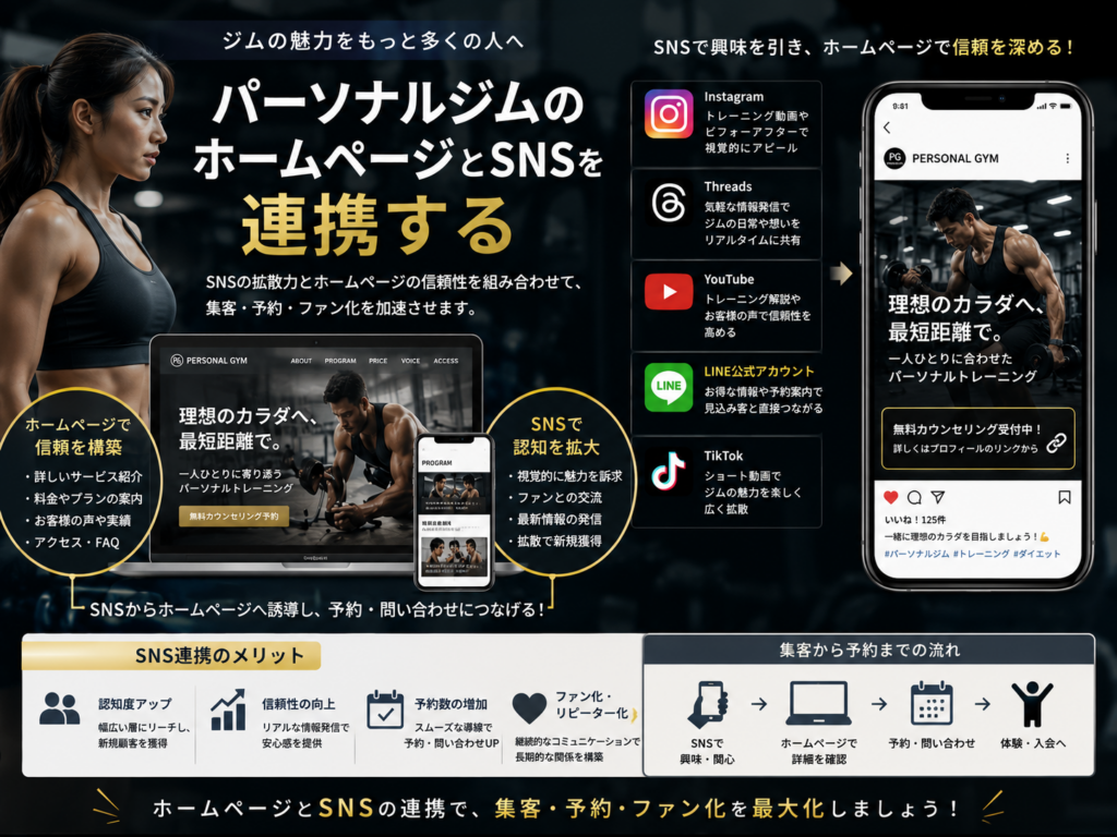 パーソナルジムホームページとSNSを連携して集客・予約につなげる方法とSNS活用のメリット