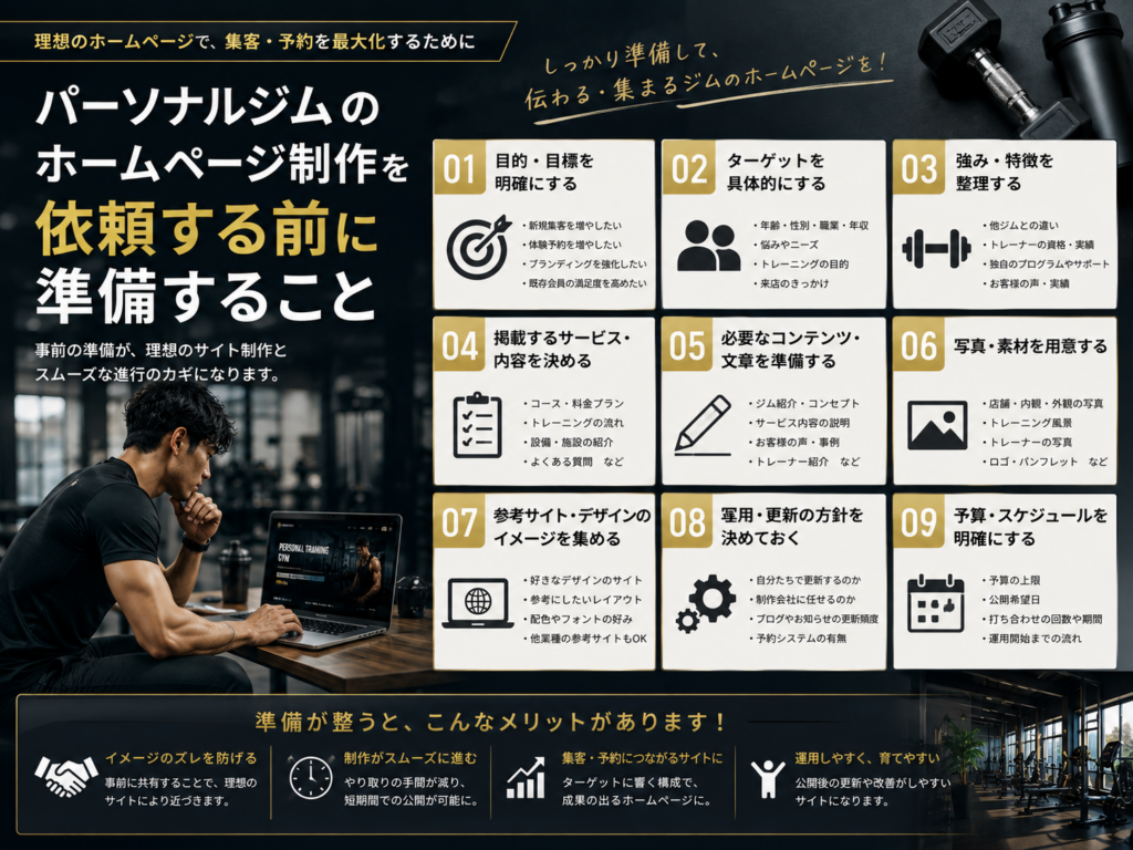 パーソナルジムホームページ制作を依頼する前に準備する目的・ターゲット・掲載内容・予算などのチェック項目