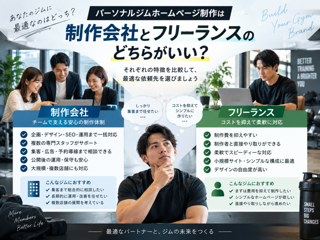 パーソナルジムホームページ制作は制作会社とフリーランスのどちらがいい?費用・対応範囲・集客支援を比較
