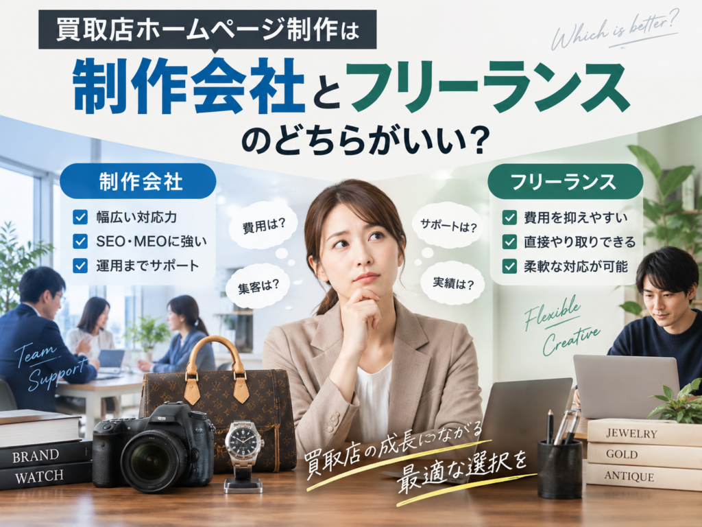 買取店ホームページ制作は制作会社とフリーランスのどちらがいい？費用・対応範囲・SEO・運用を比較