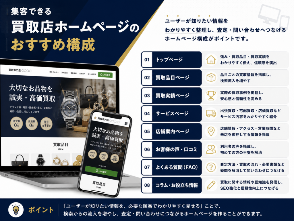 集客できる買取店ホームページのおすすめ構成｜買取品目・買取実績・店舗案内・FAQ・コラム