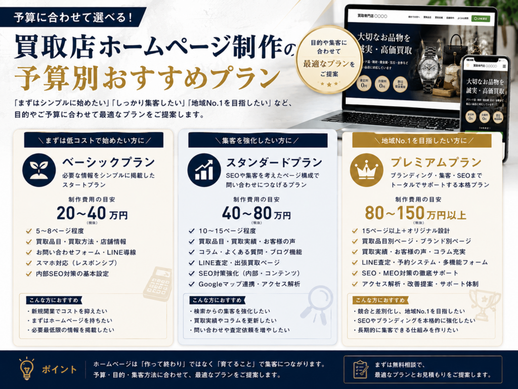 買取店ホームページ制作の予算別おすすめプラン｜費用と目的に合わせた制作プラン比較
