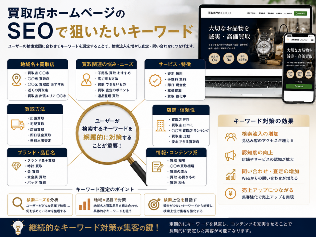 買取店ホームページのSEOで狙いたいキーワード｜地域名・買取品目・ブランド名などのSEO対策