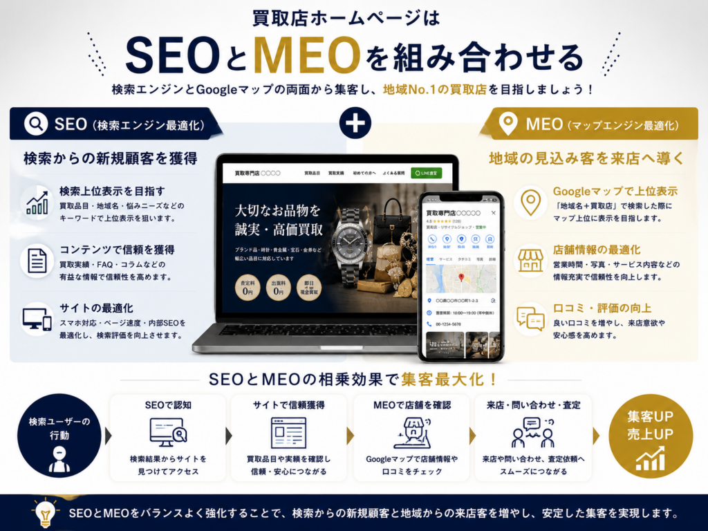 買取店ホームページはSEOとMEOを組み合わせて検索流入と地域からの来店・査定依頼を増やす